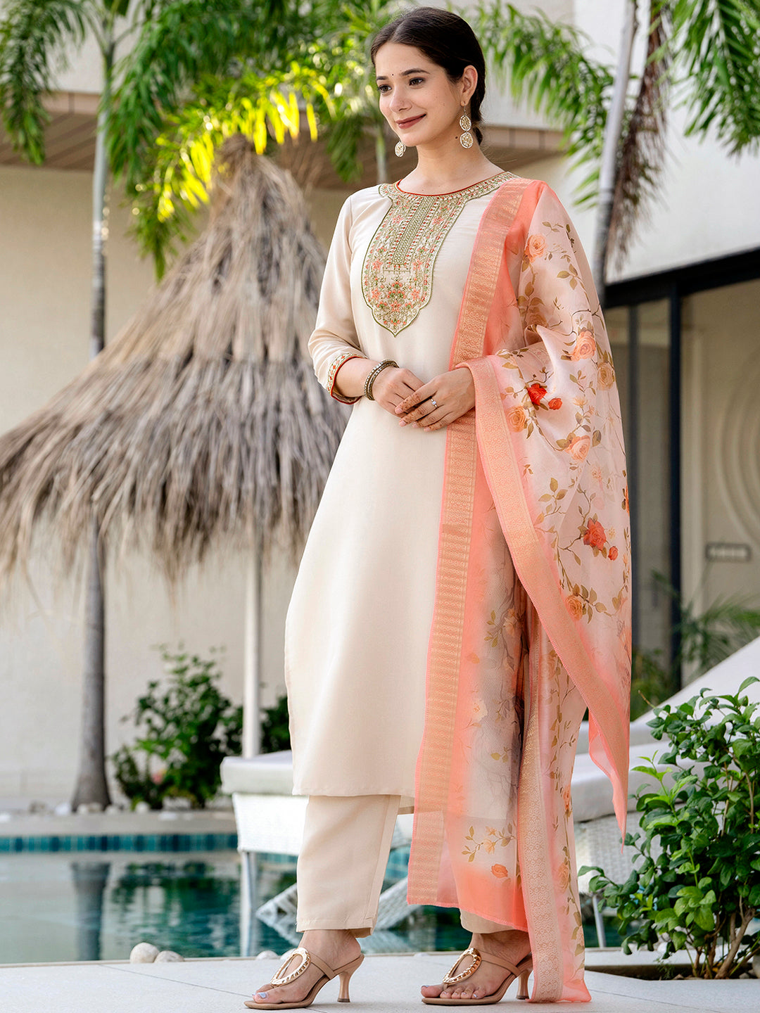 Cream Silk Embroidered Kurta Pant Set