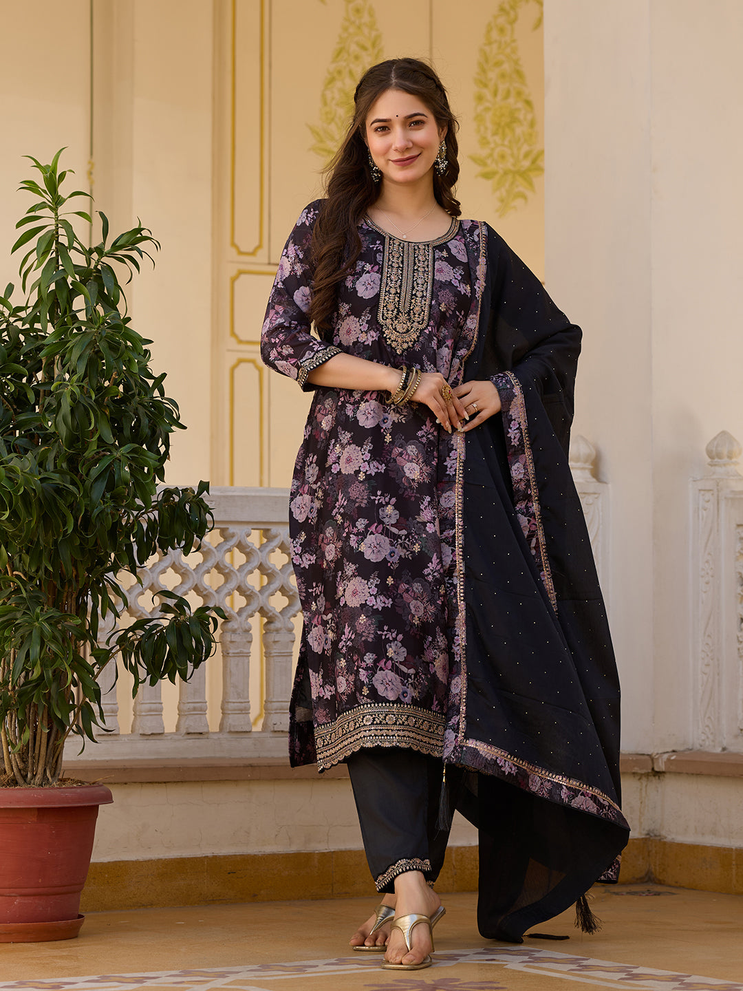 Black Floral Printed Kurta Pant Set