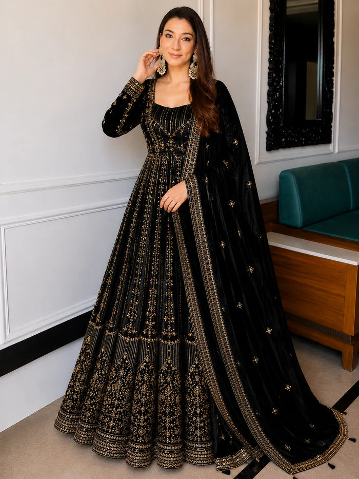 Black Crunchy Silk Embroidered Anarkali Suit Set