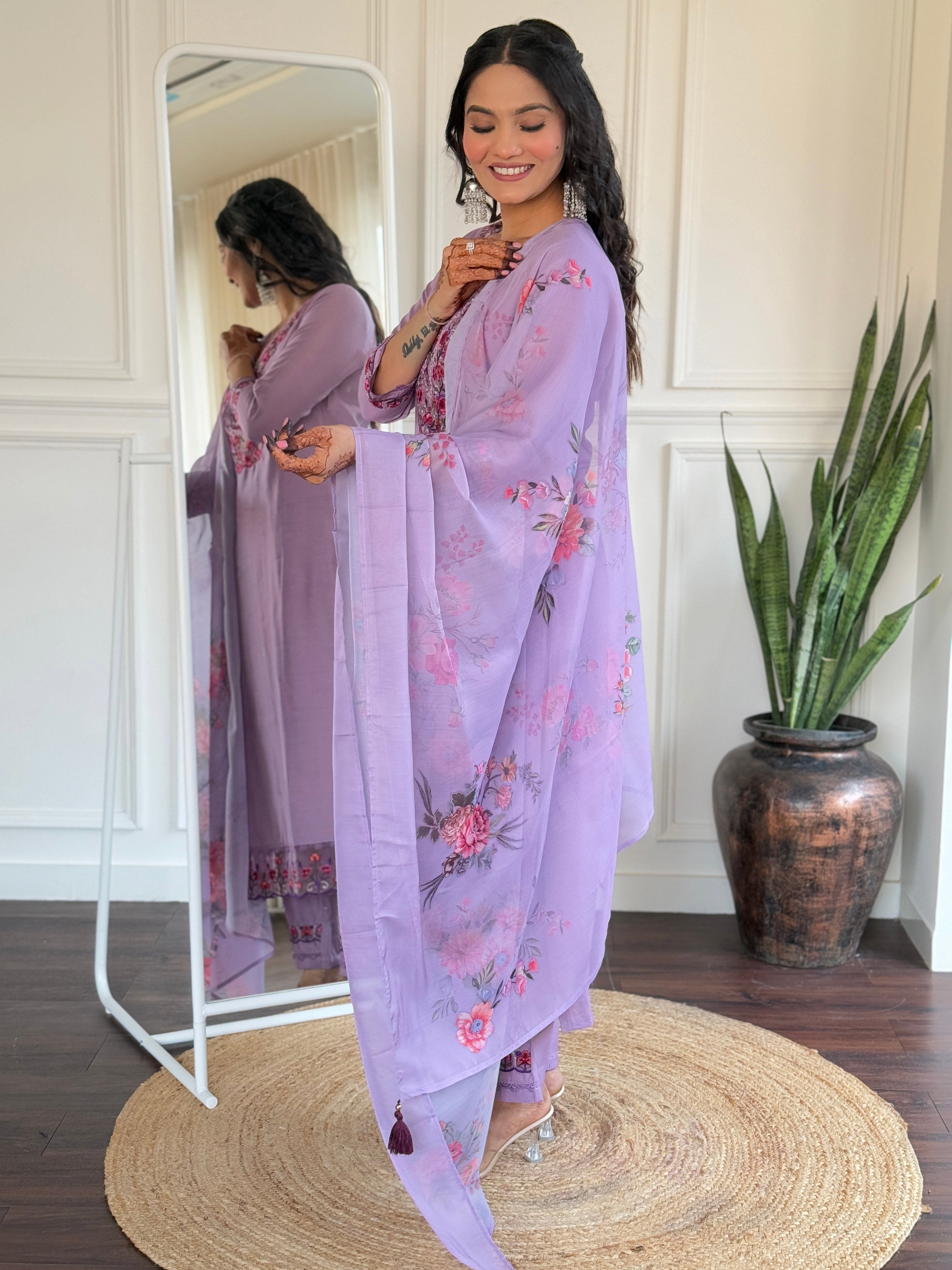 Purple Bloom Embroidered Kurta Pant Set