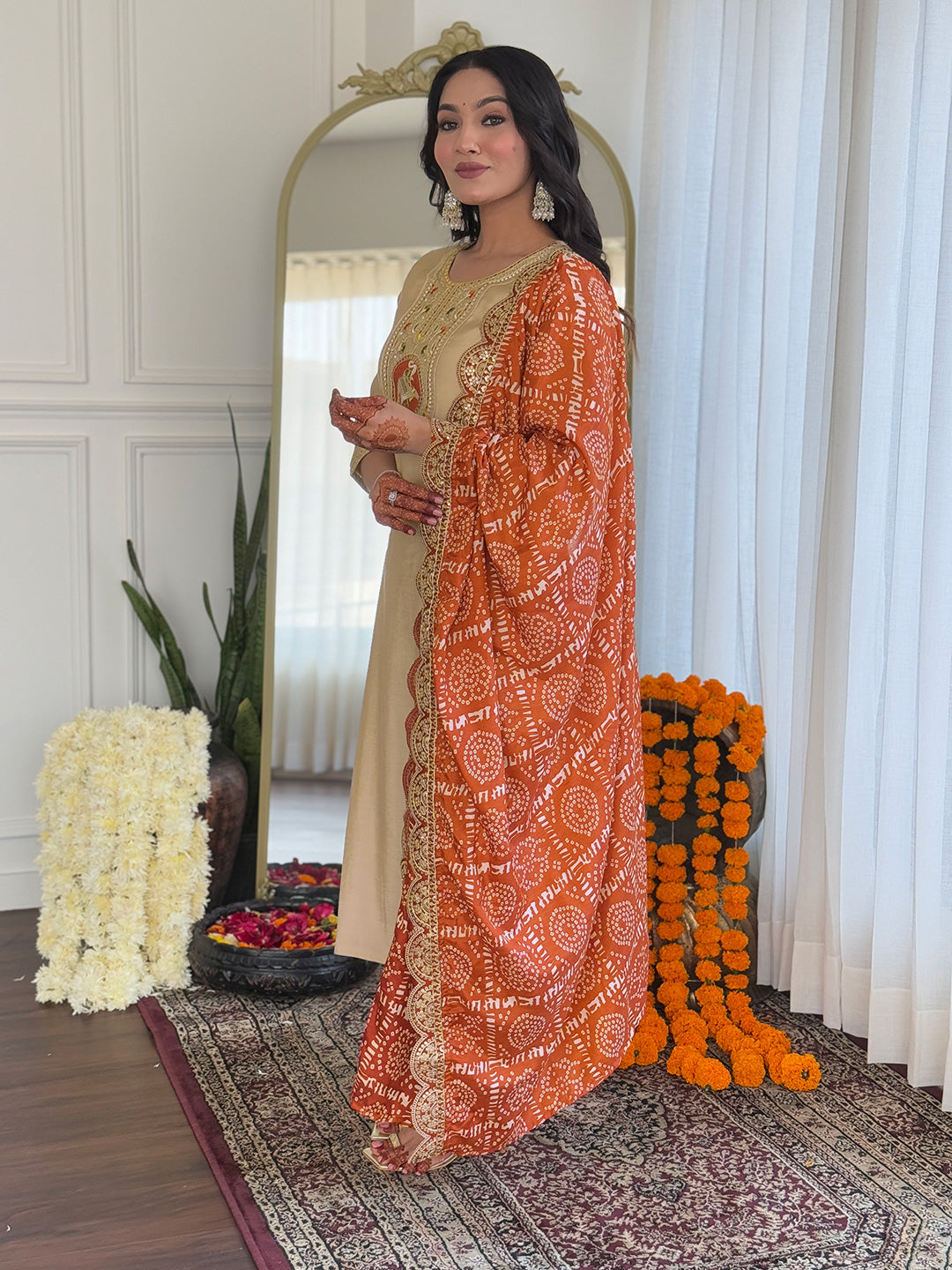 Beige Silk Blend Kurta Pant Set