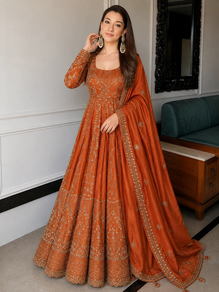 Orange Wedding Wear Embroidered Anarkali Suit Set