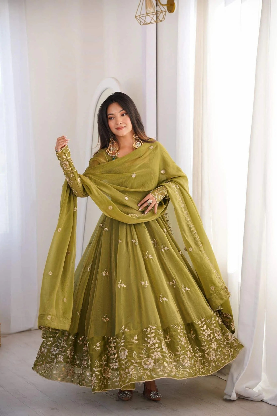 Olive Green Crunchy Silk Anarkali Suit Set