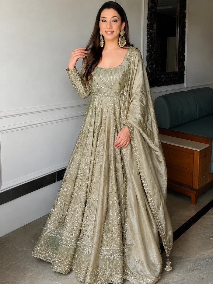 Grey Designer Embroidered Anarkali Suit Set