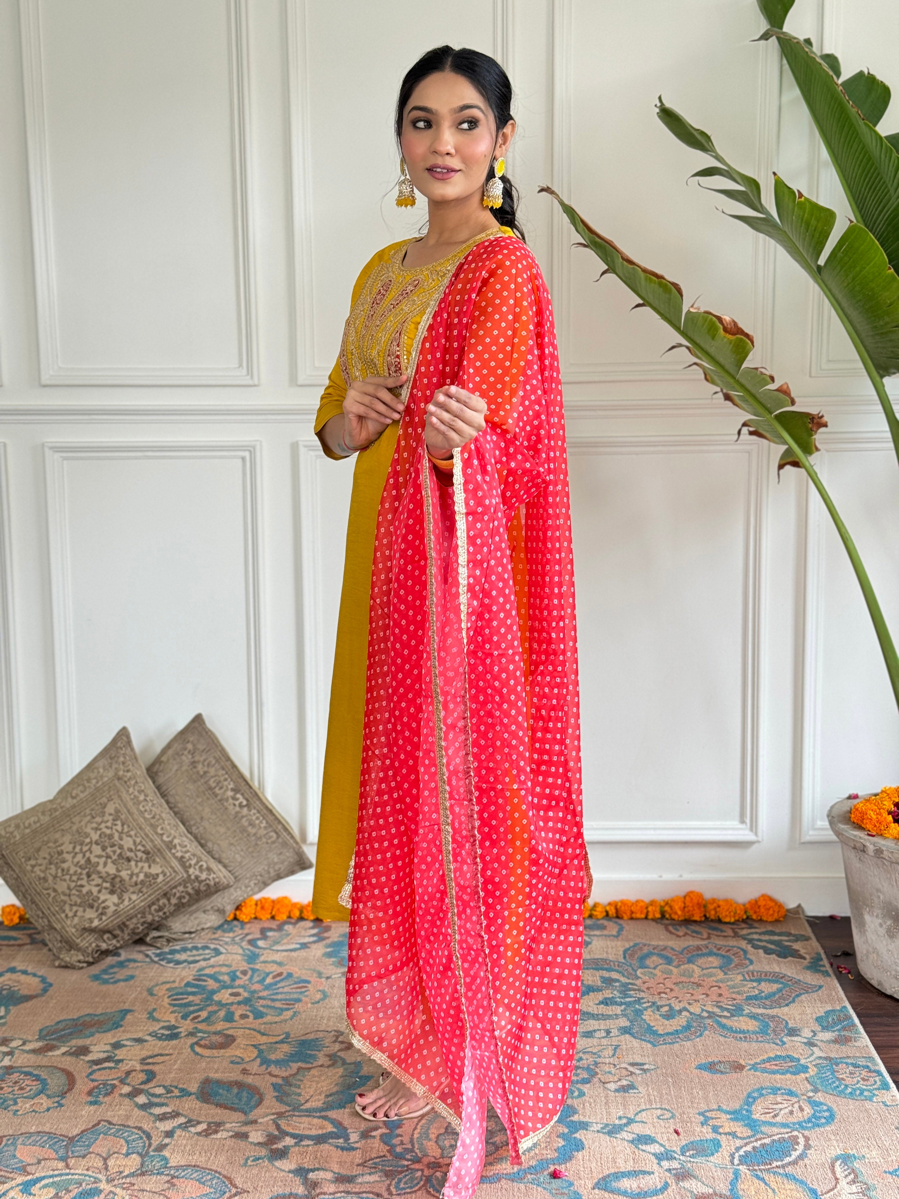 Mustard Yellow Embroidered Kurta Set