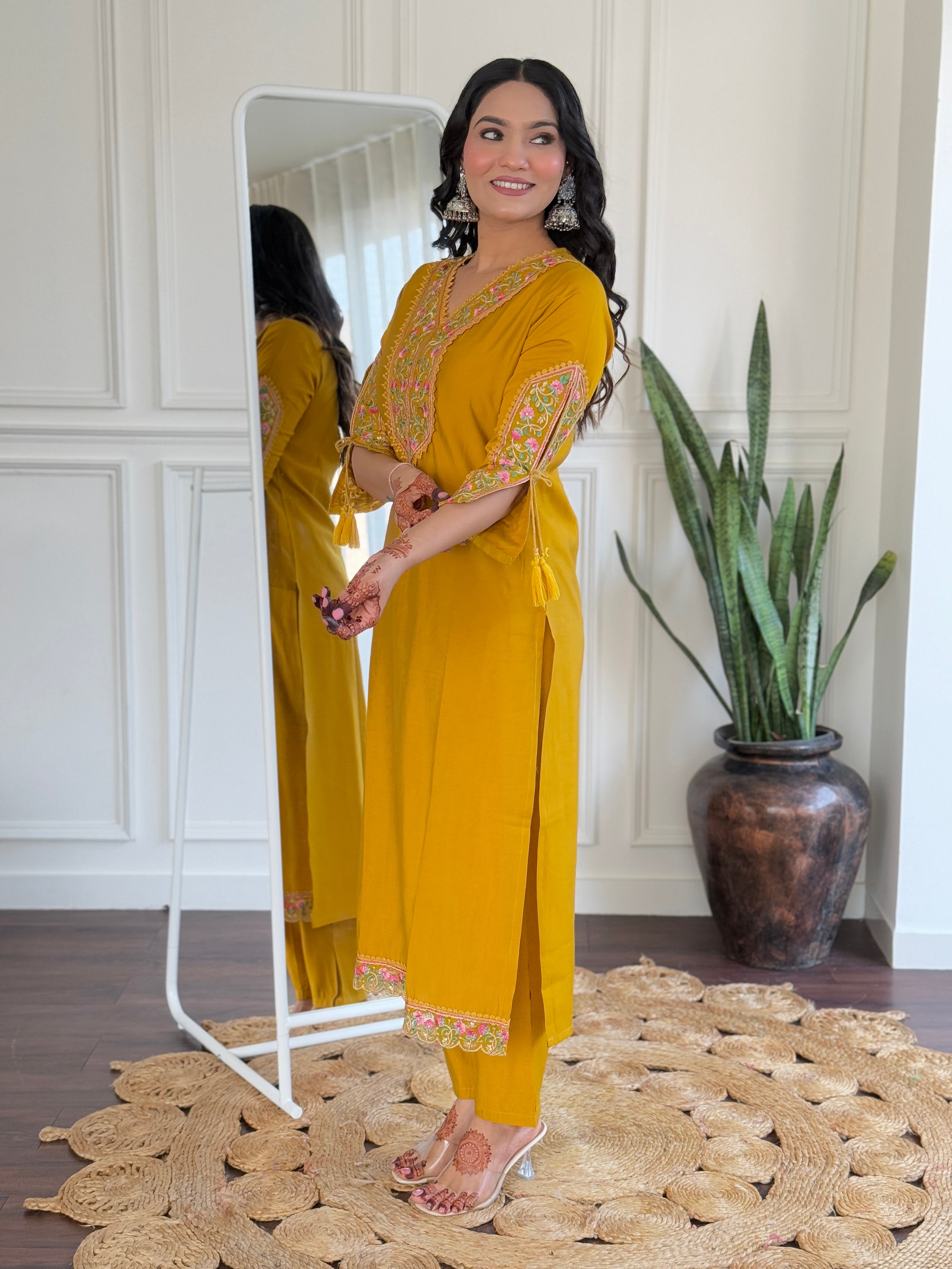 Yellow Heritage Embroidered Kurta Pant Set