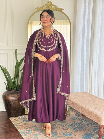 Wine Purple Vichitra Silk Anarkali Kurta Set