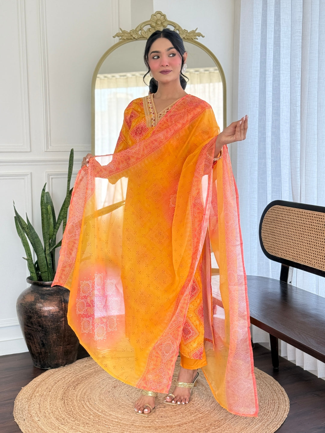 Orange Bandhani Print Straight Salwar Suit Set