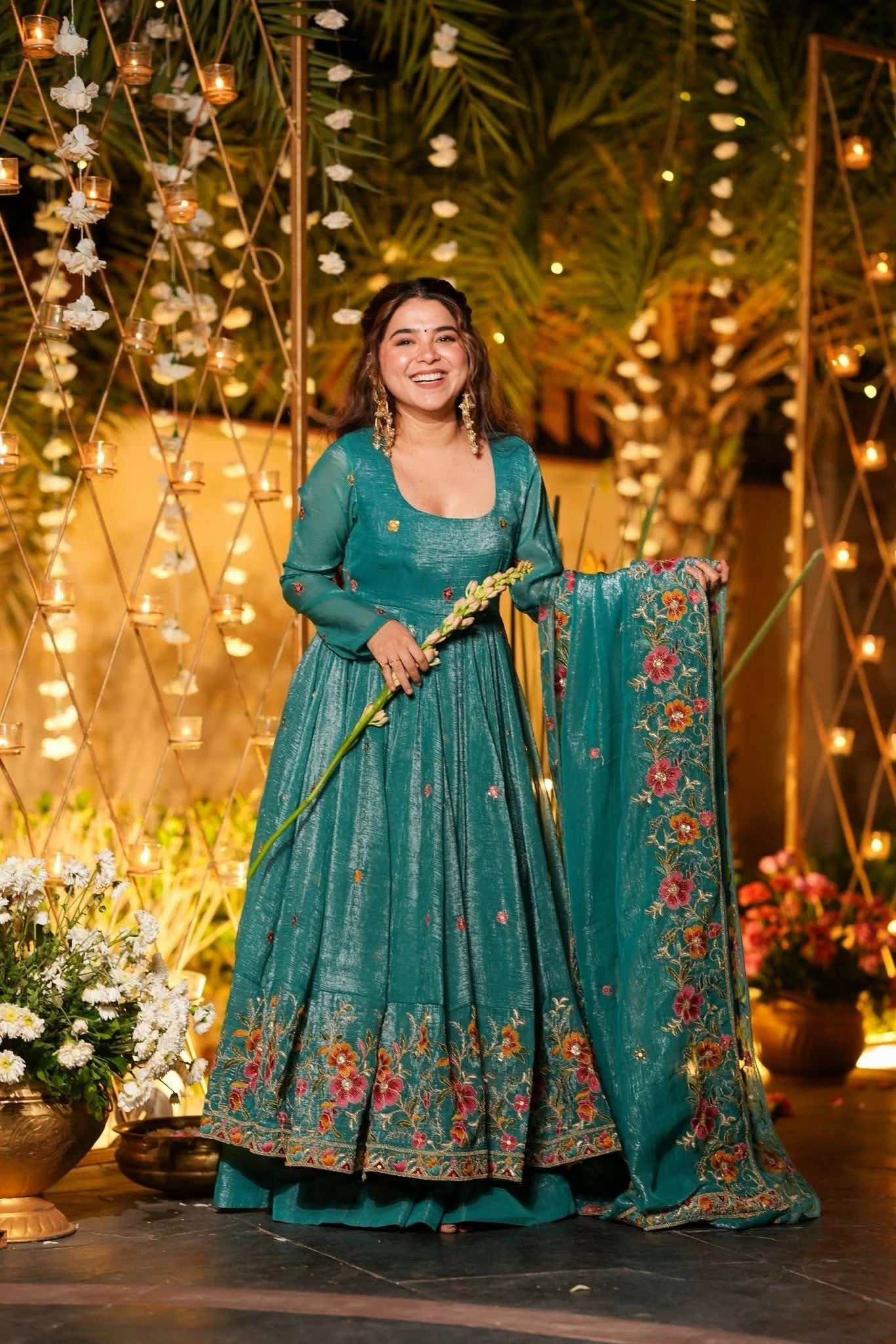 Teal Floral Embroidered Crunchy Silk Anarkali Suit Set