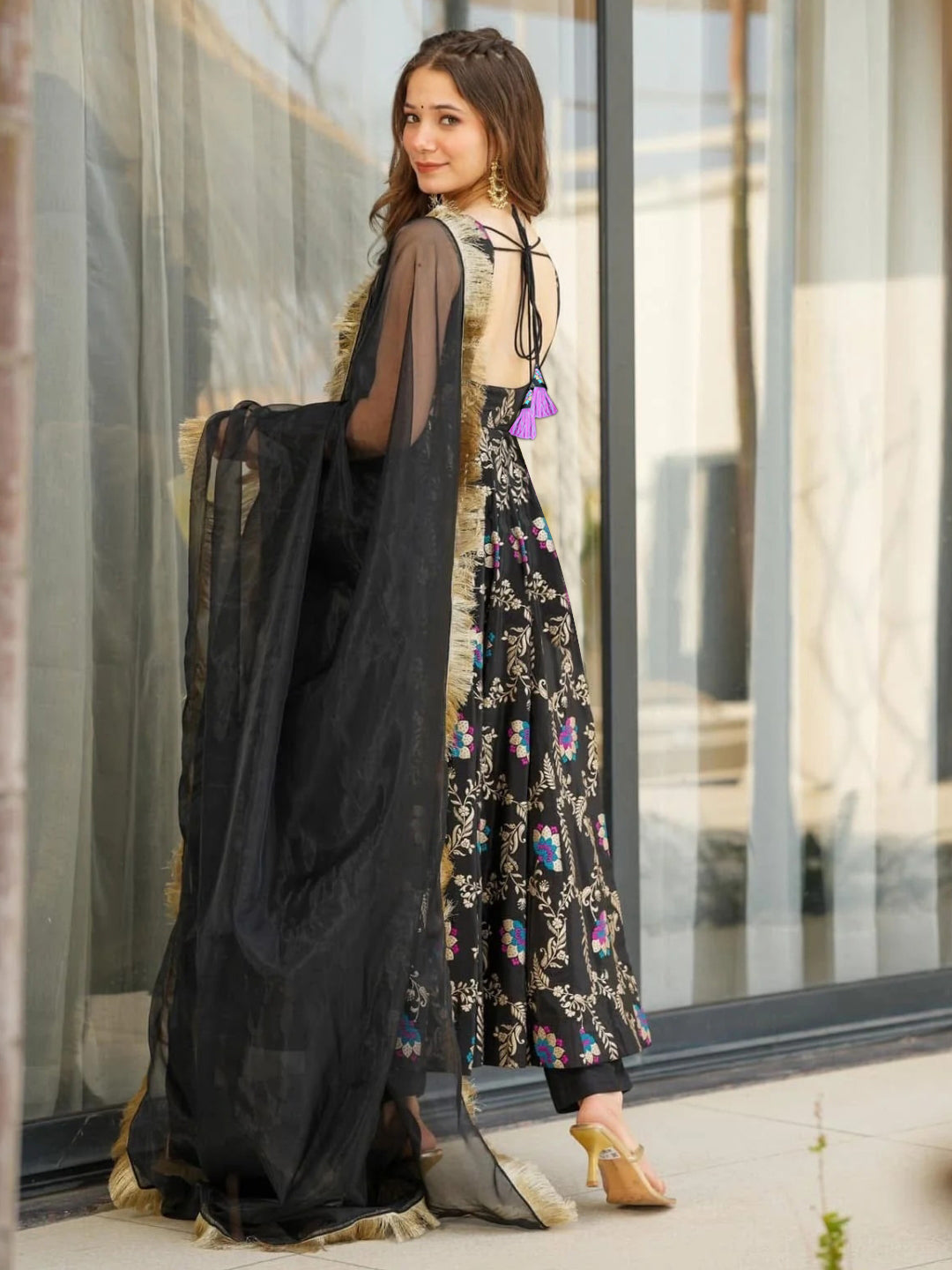 Black Printed Sleeveless Anarkali Kurta Set