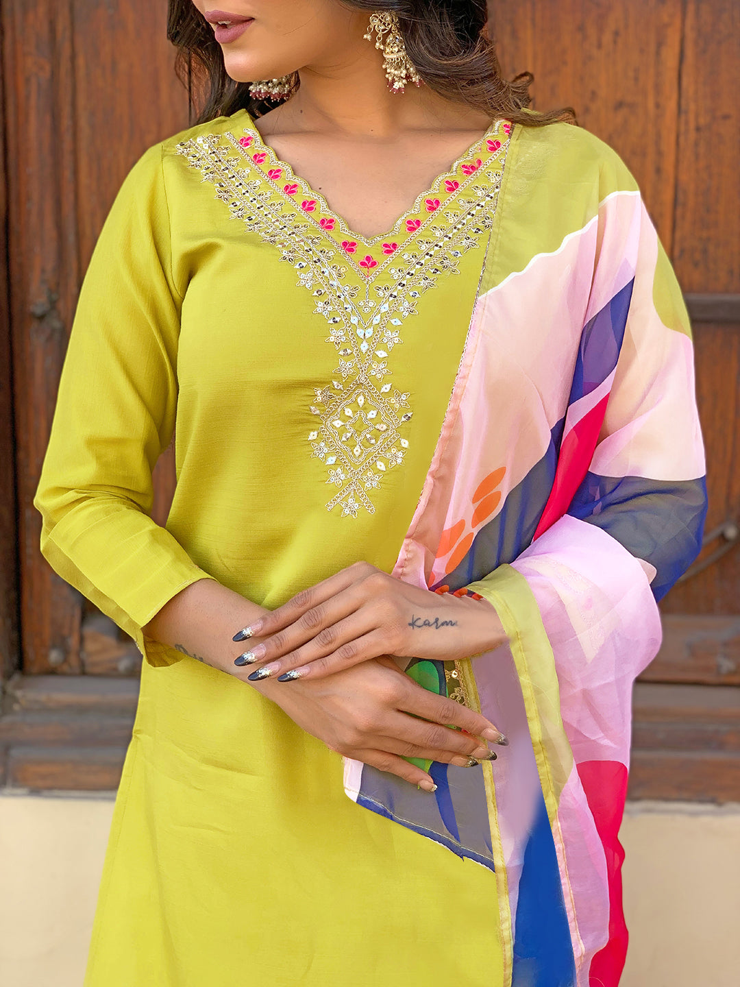 Lime Green Embroidered Kurta Set