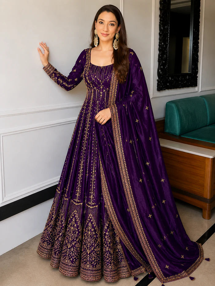 Purple Crunchy Silk Embroidered Anarkali Suit Set
