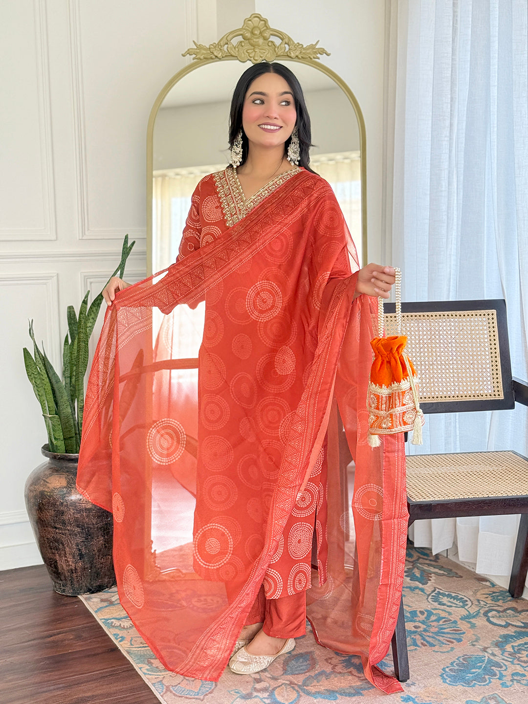 Rust Orange Geometric Salwar Suit Set