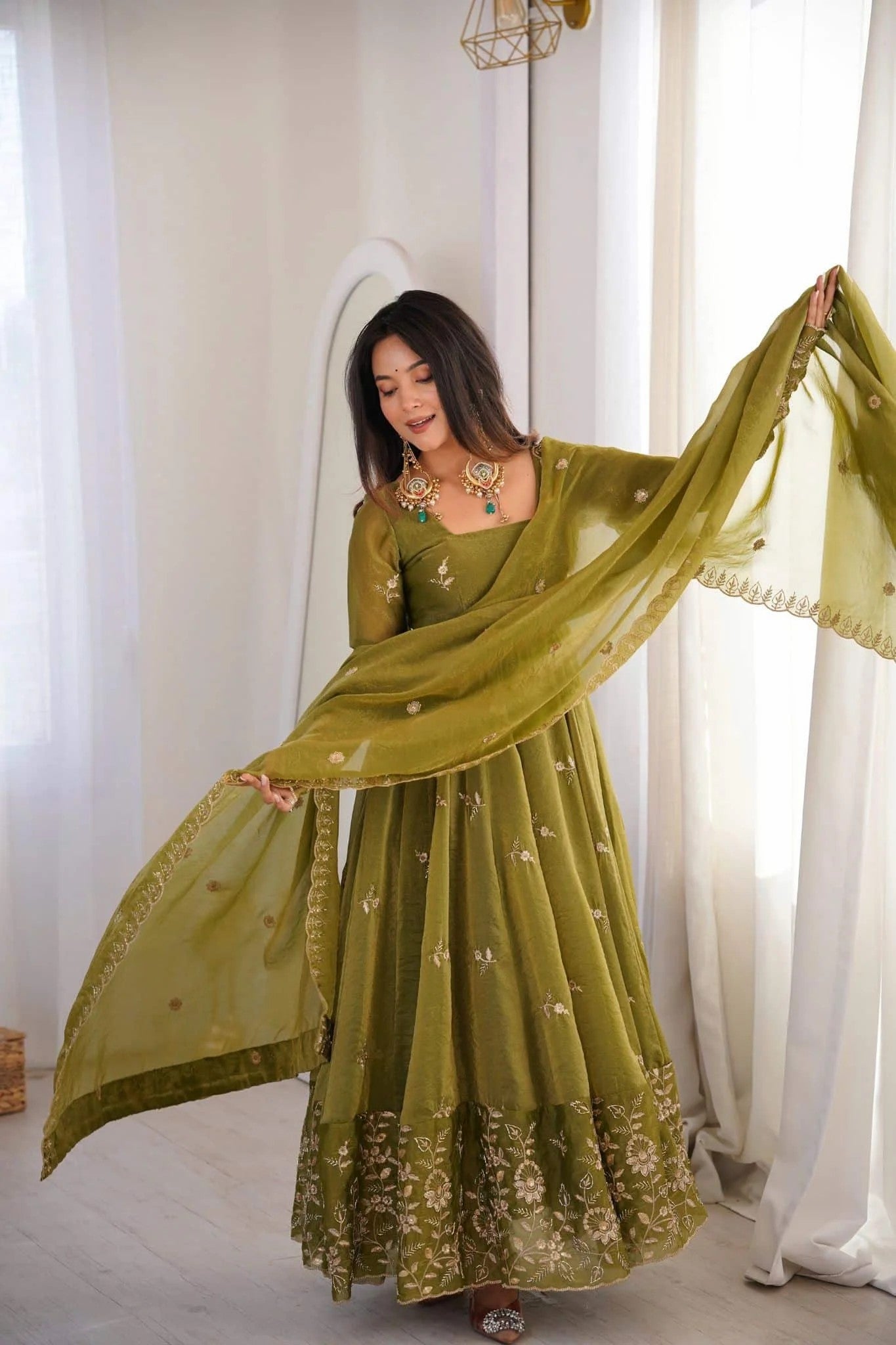 Olive Green Crunchy Silk Anarkali Suit Set