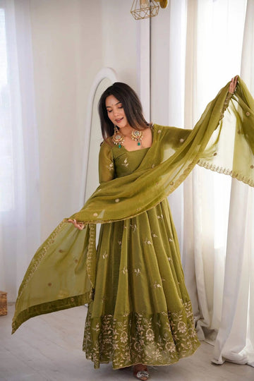 Olive Green Crunchy Silk Anarkali Suit Set