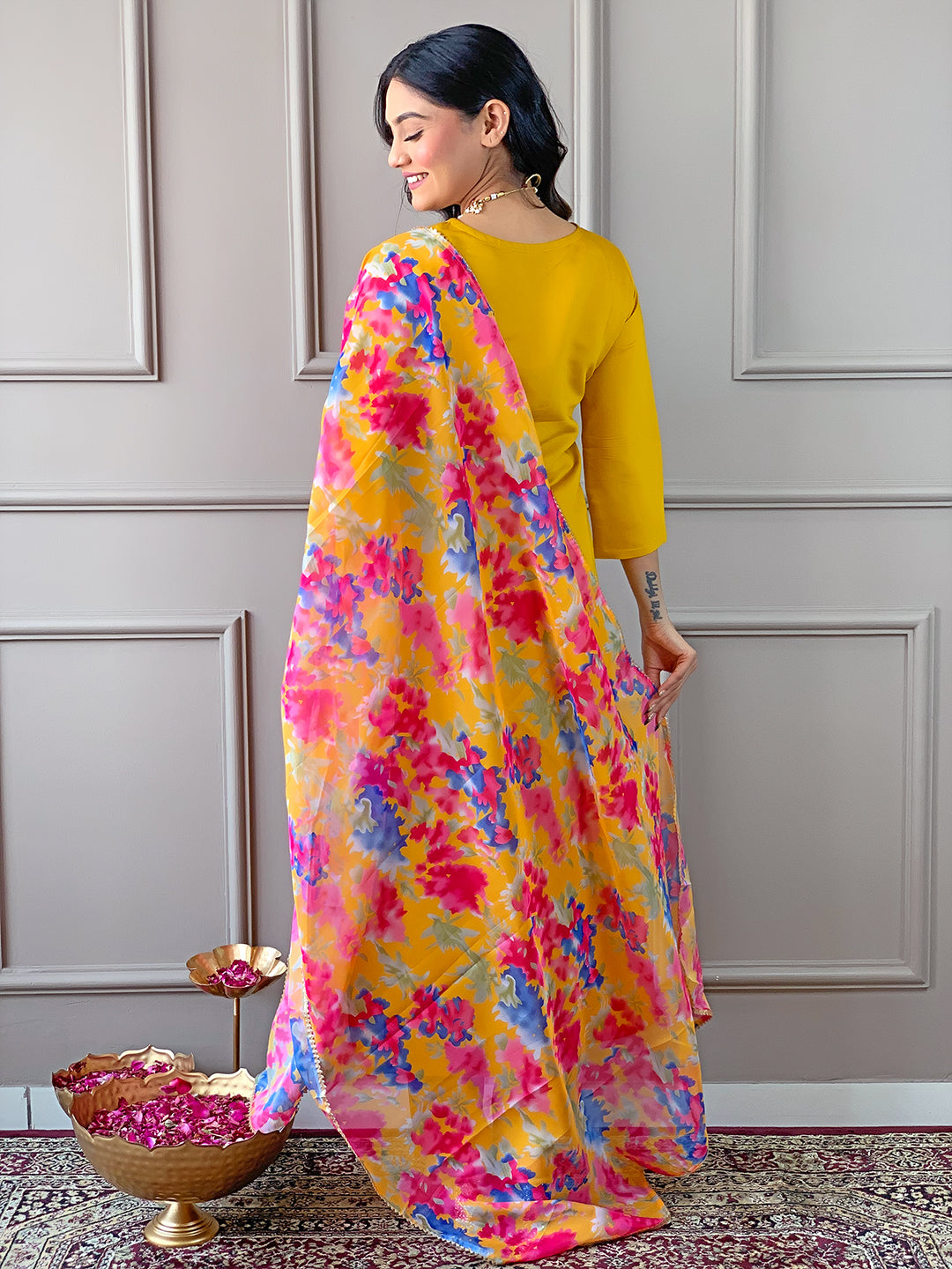 Mustard Yellow Floral Dupatta Kurta Pant Set