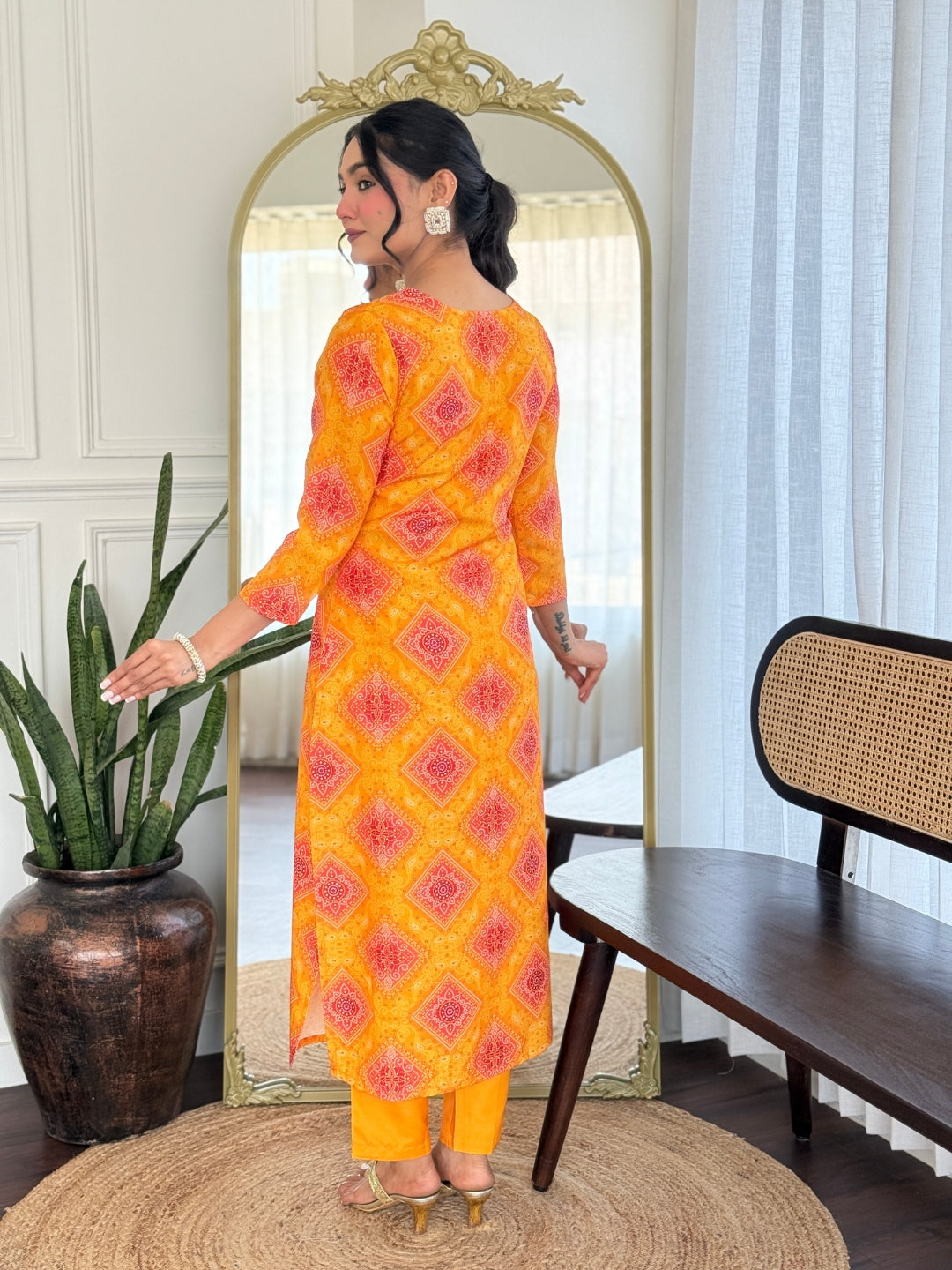 Orange Bandhani Print Straight Salwar Suit Set