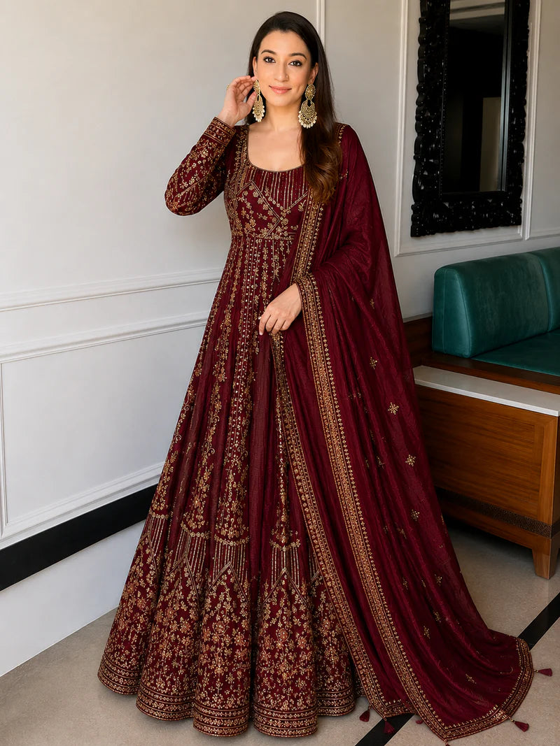 Traditional Maroon Silk Anarkali Suit Set
