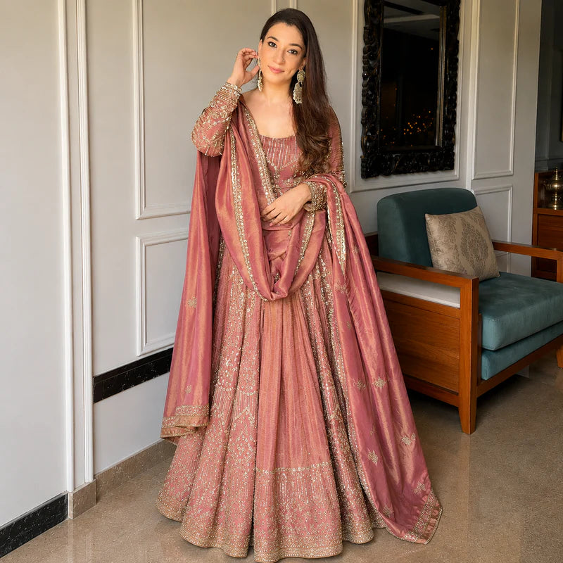 Premium Rose Gold Designer Anarkali Suit Set