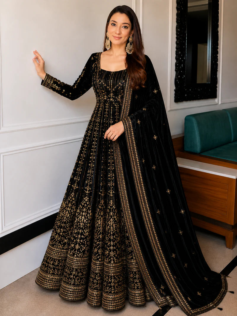 Black Crunchy Silk Embroidered Anarkali Suit Set
