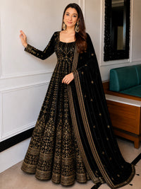Black Crunchy Silk Embroidered Anarkali Suit Set