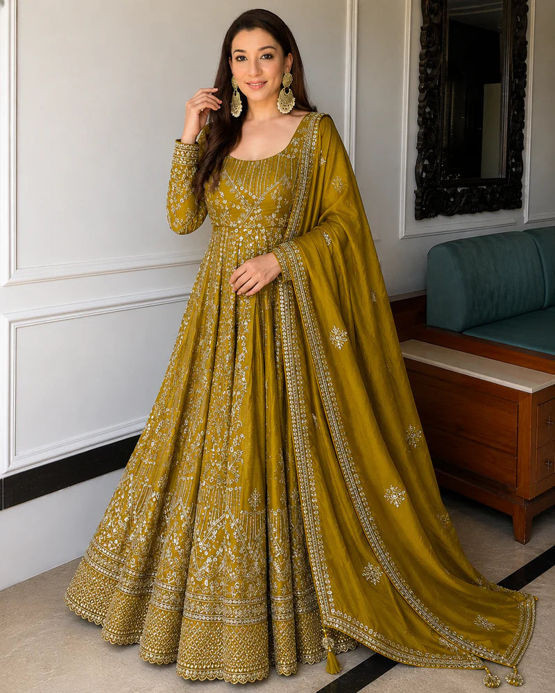 Mustard Embroidered Anarkali Suit Set