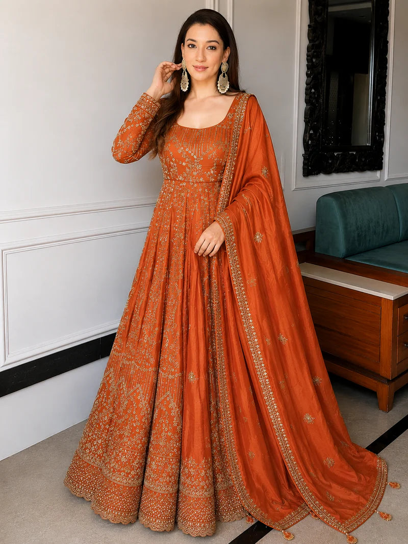 Orange Wedding Wear Embroidered Anarkali Suit Set