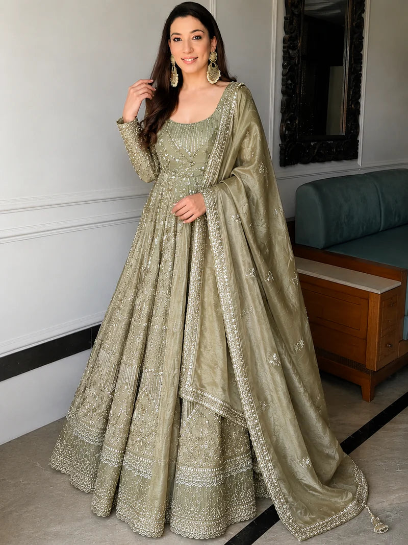Grey Designer Embroidered Anarkali Suit Set