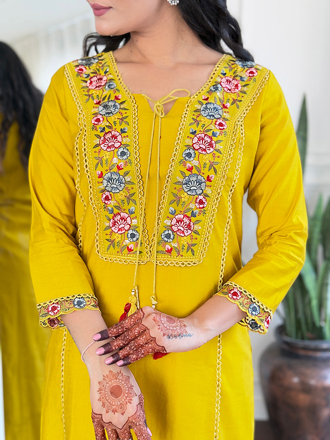 Mustard Floral Embroidered Kurta Pant Set
