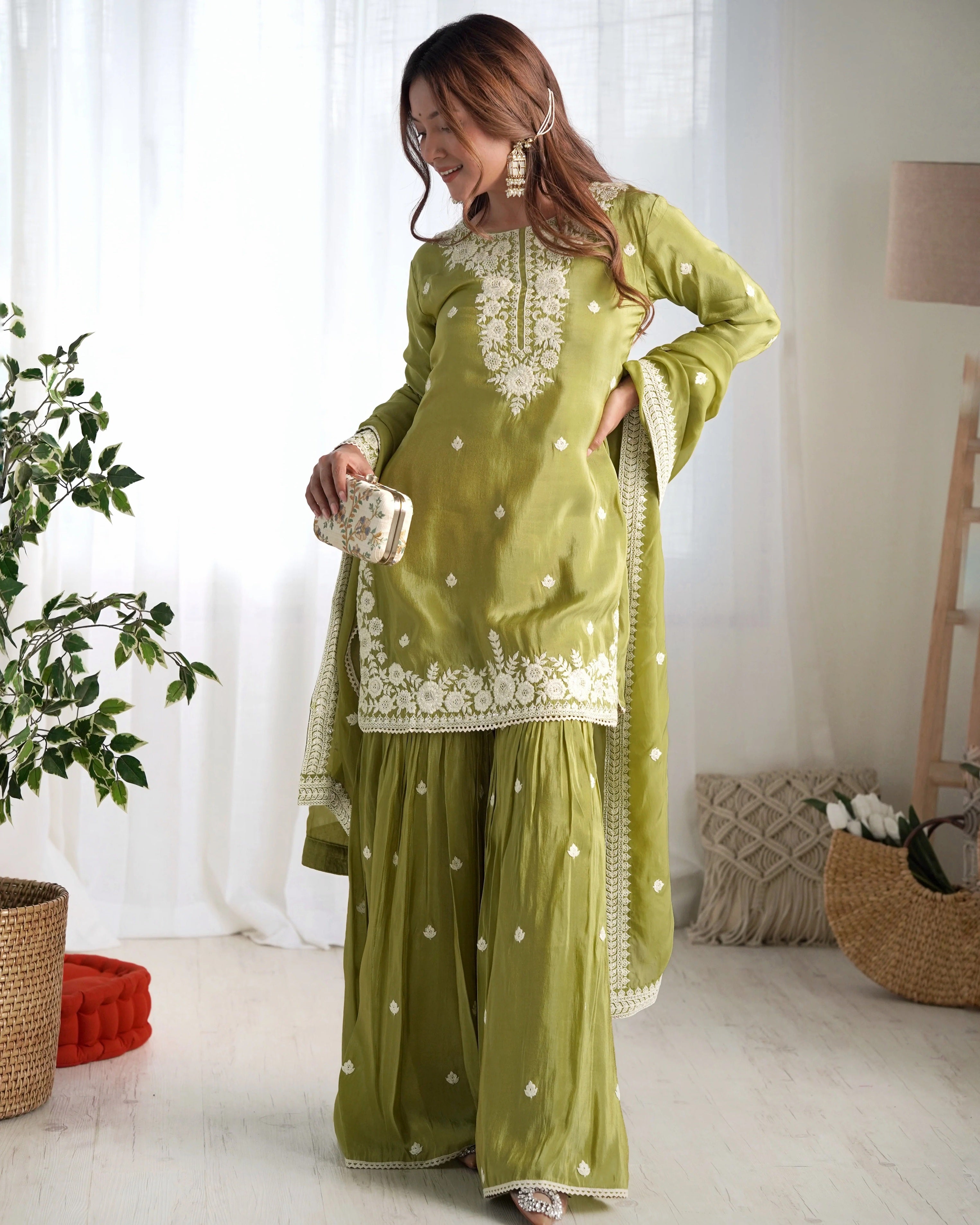 Olive Green French Crepe Sharara Suit Set