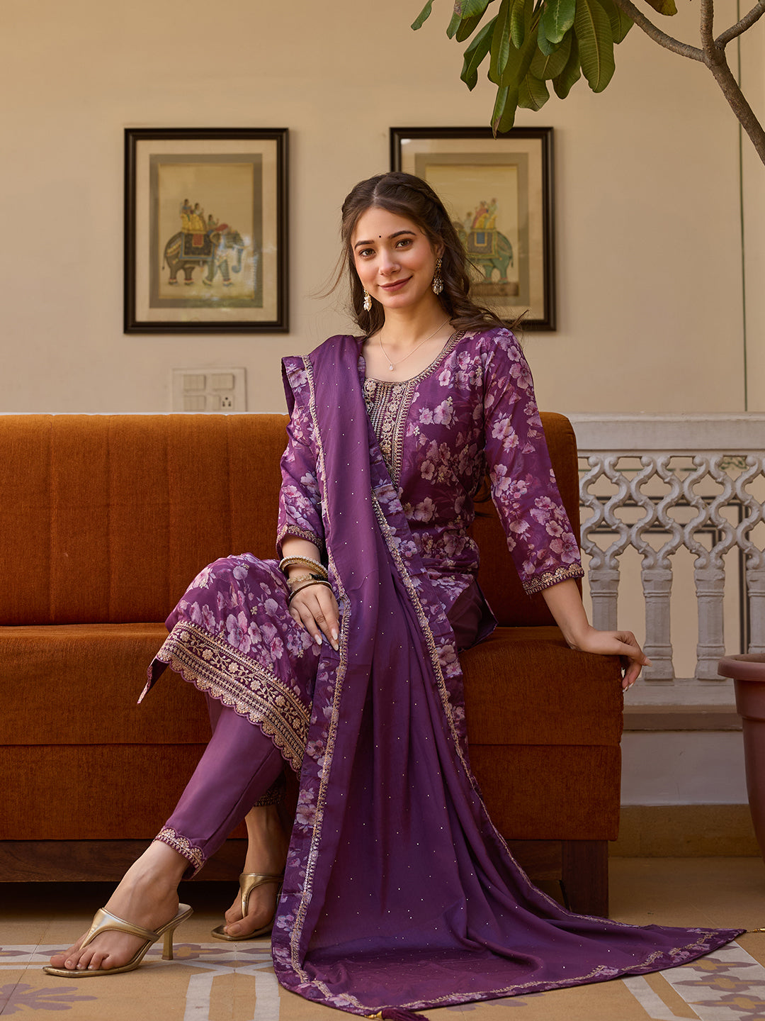 Purple Floral Printed Kurta Pant Set