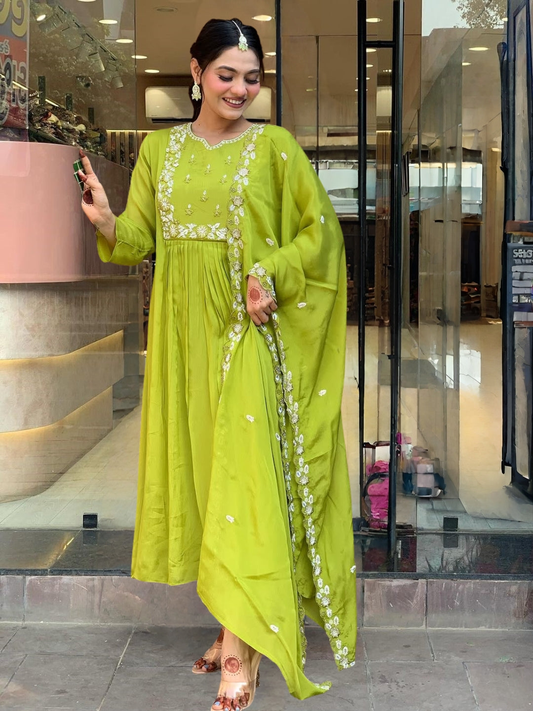 Pista Green Embroidered Anarkali Kurta Pant Set