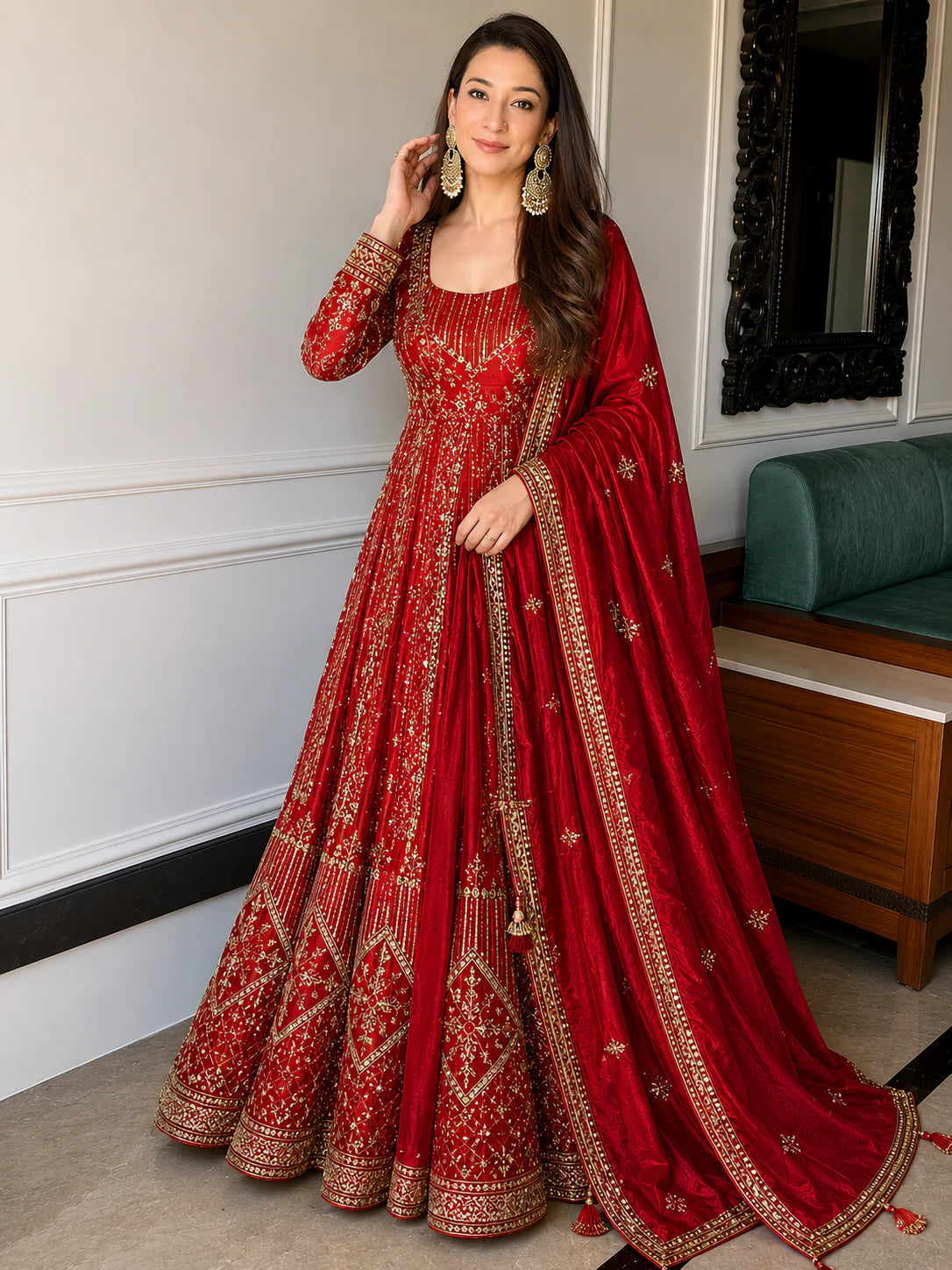 Red Crunchy Silk Embroidered Anarkali Suit Set