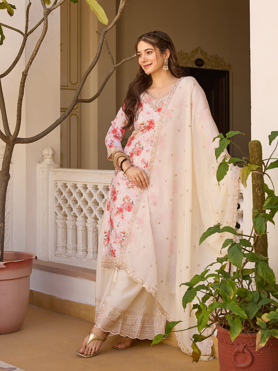 Off-White Floral Print Kurta Sharara Set