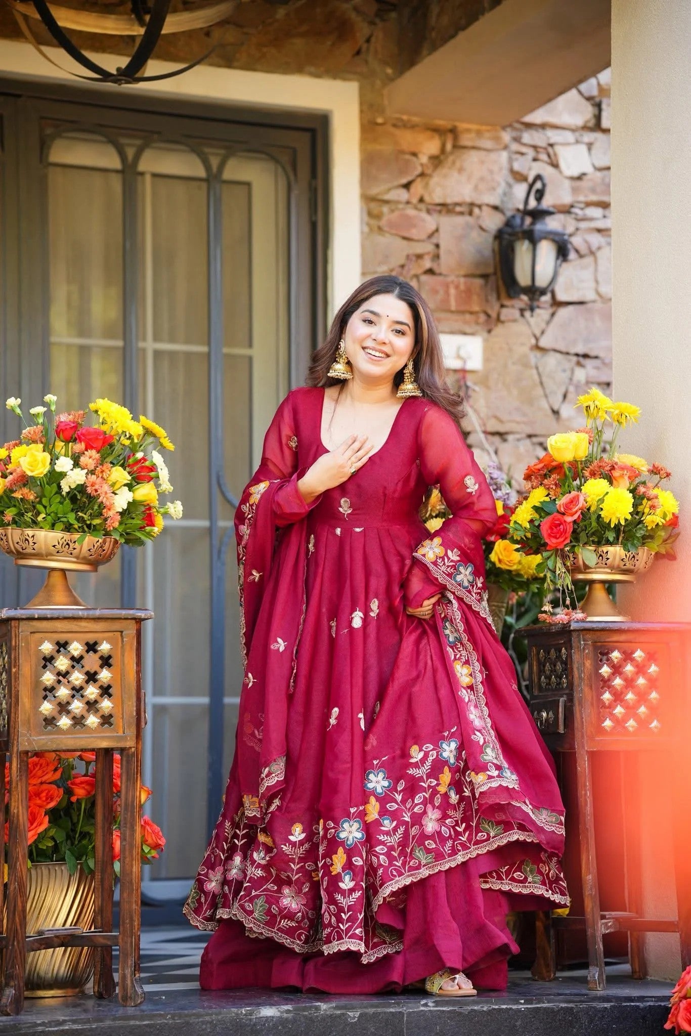 Wine Floral Crunchy Silk Anarkali Suit Set