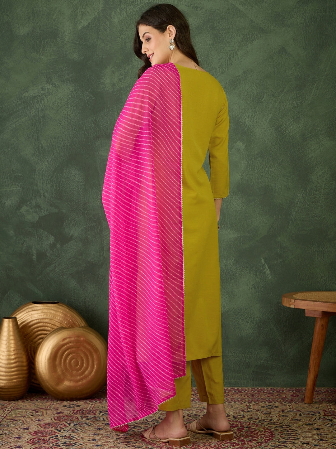 Lime Green Embroidered Chanderi Kurta Set