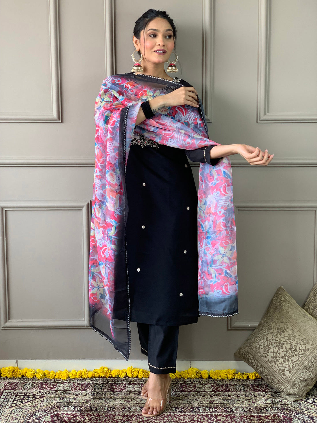 Midnight Black Floral Kurta Set