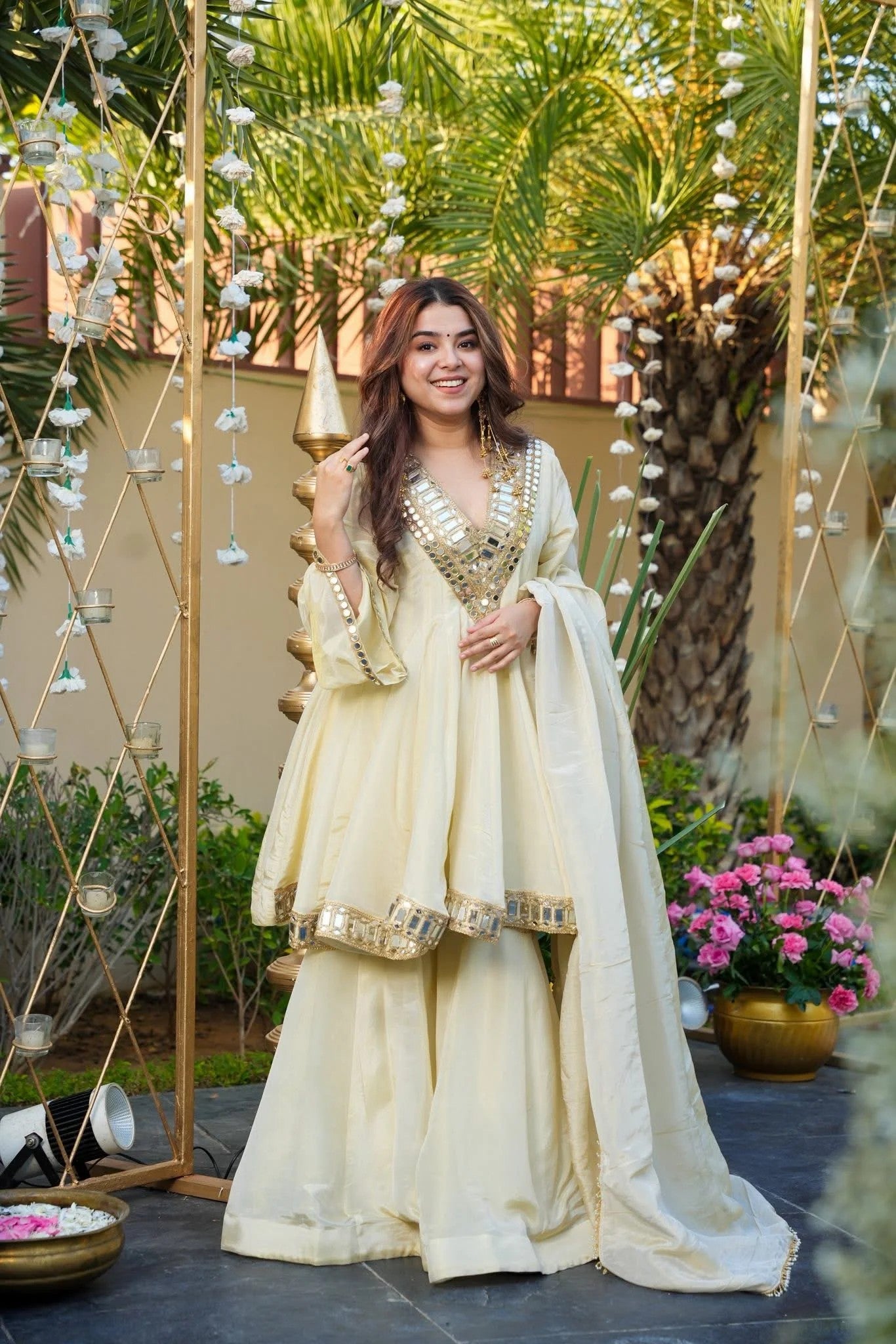Ivory Mirror Work Star Georgette Sharara Suit Set