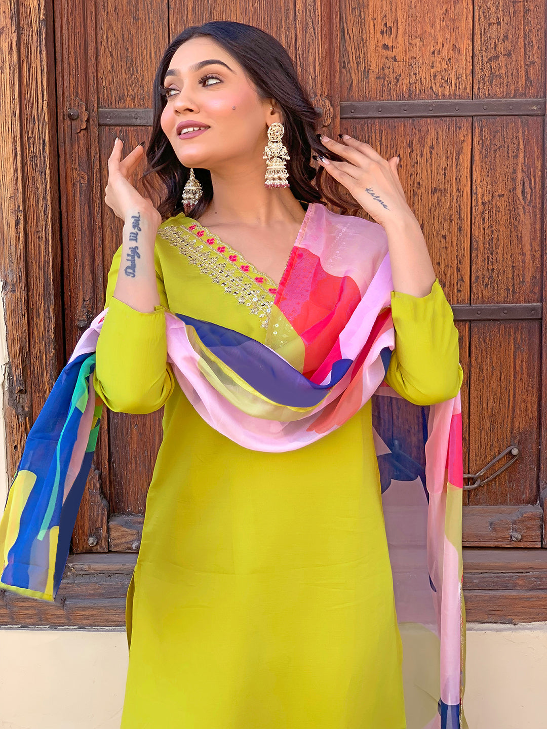 Lime Green Embroidered Kurta Set