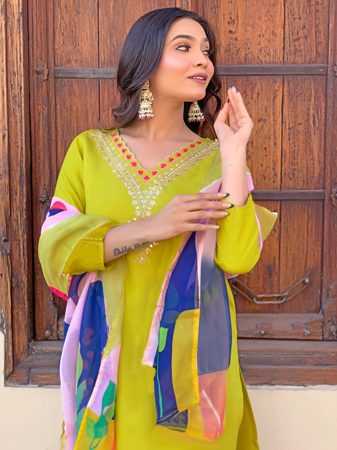 Lime Green Embroidered Kurta Set