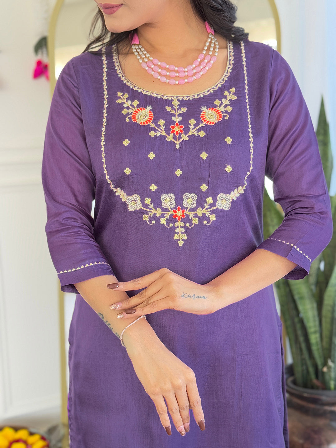 Purple Bloom Floral Kurta Pant Dupatta Set