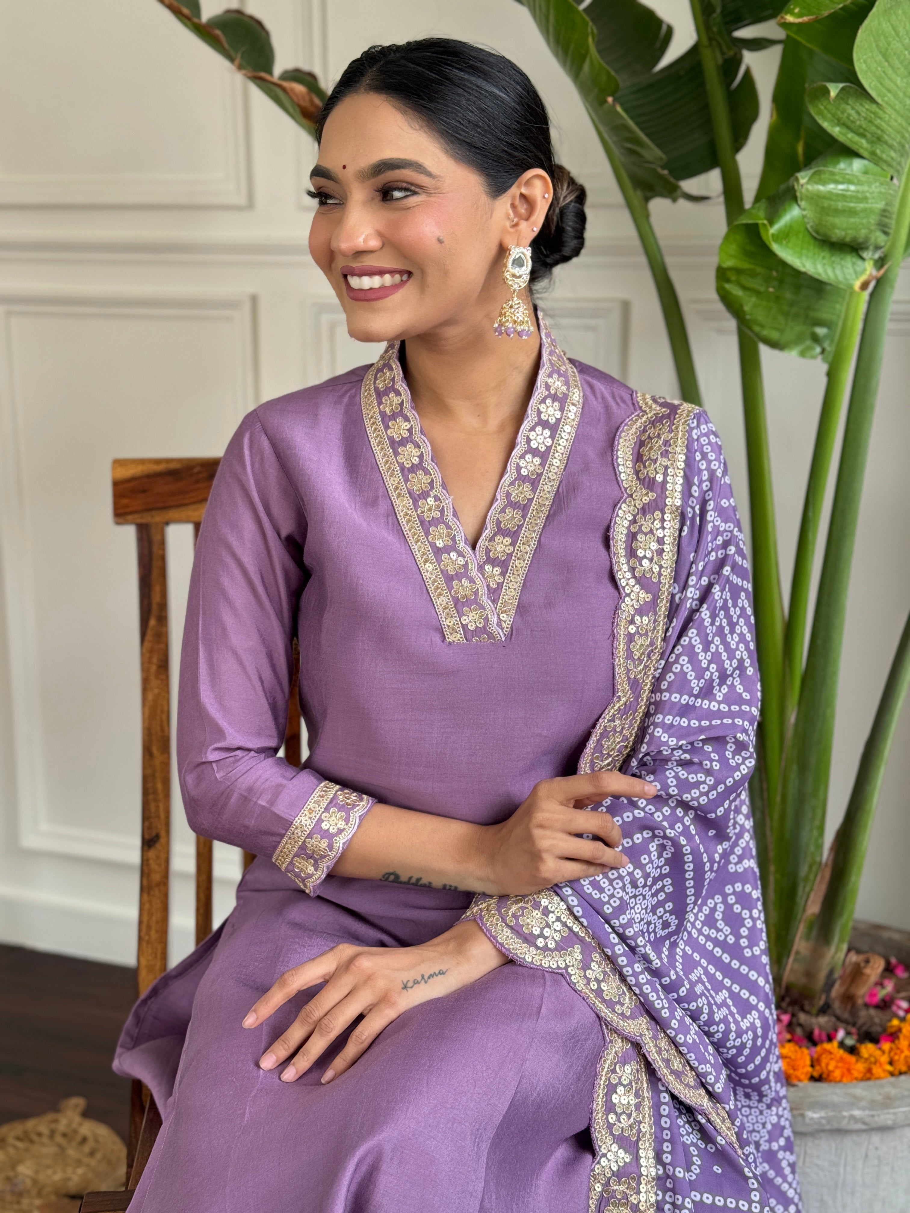 Lavender Embroidered Kurta Pant Set