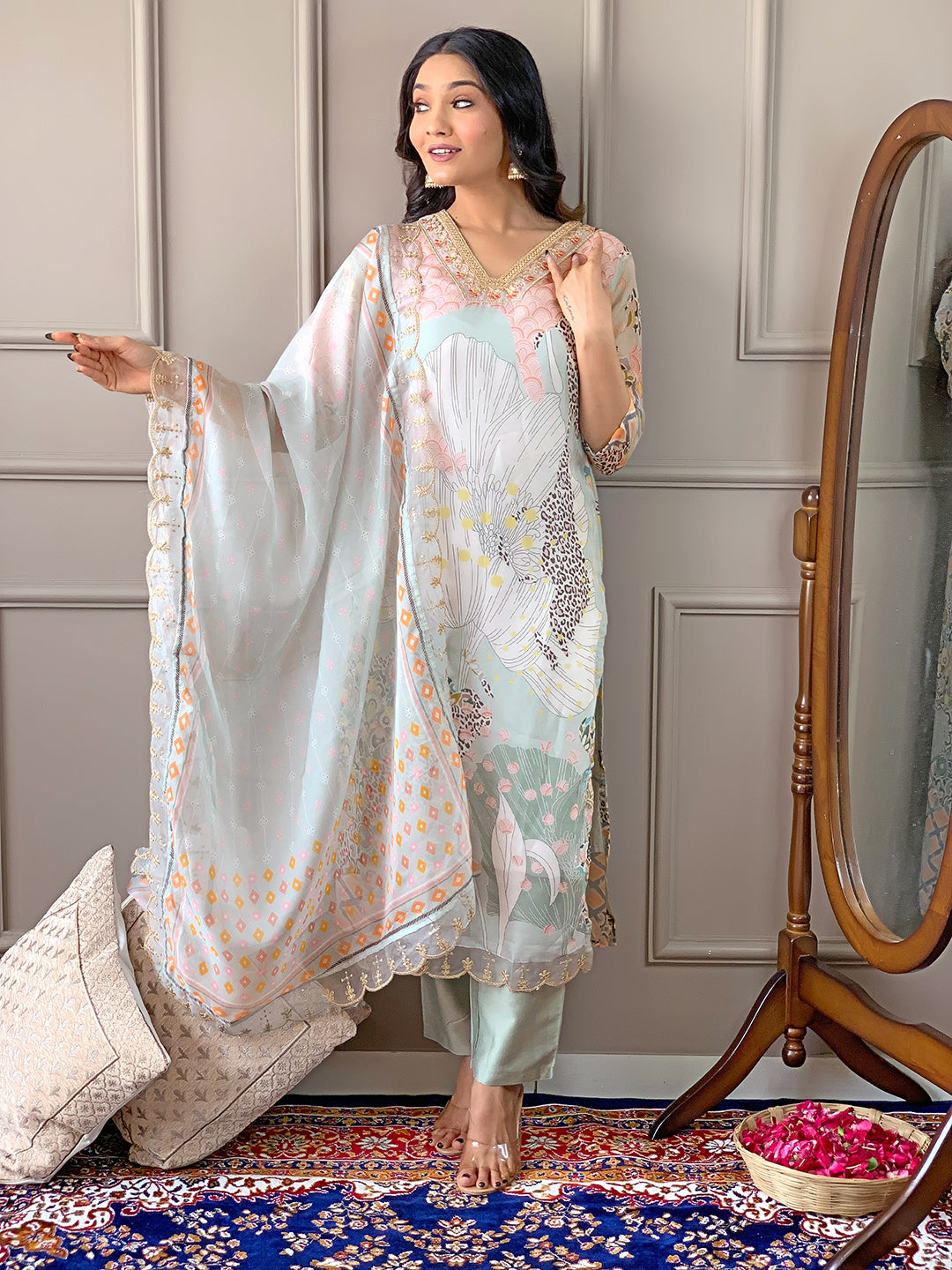 Elegant Pista Floral Printed Kurta Set