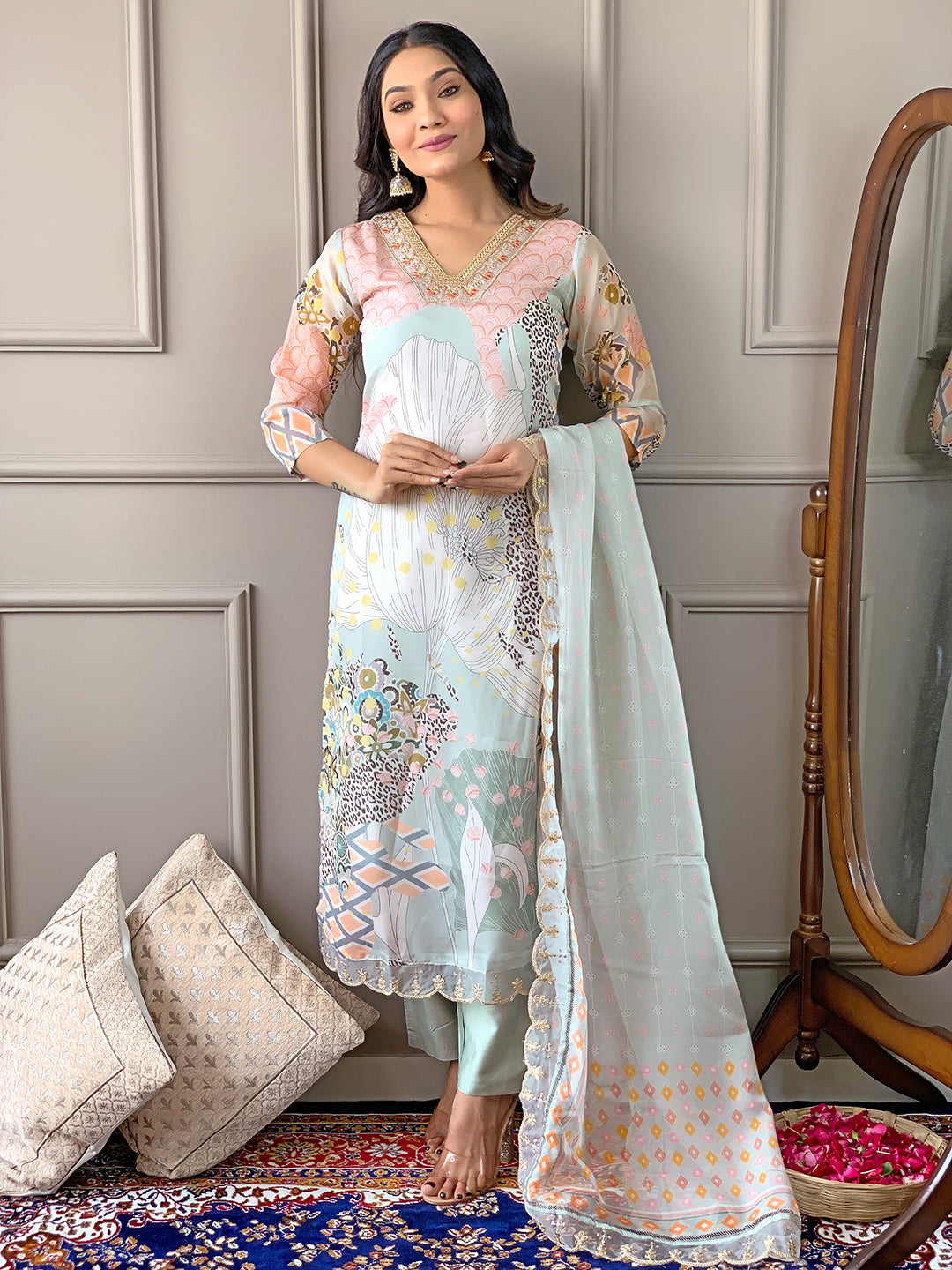 Elegant Pista Floral Printed Kurta Set