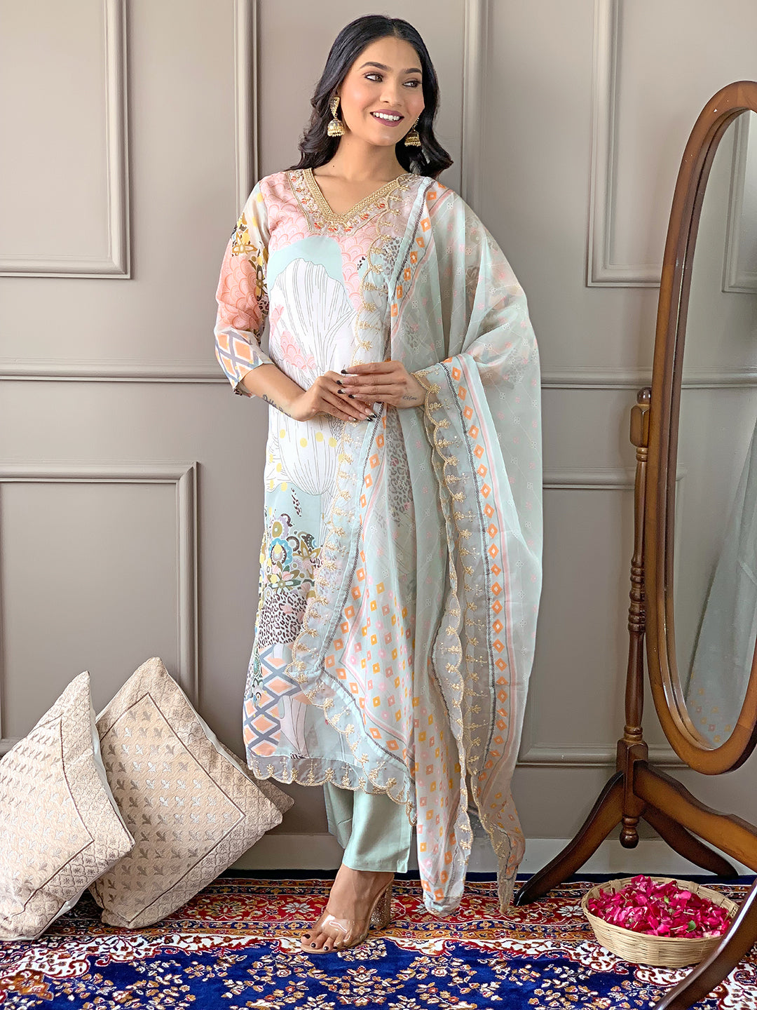 Elegant Pista Floral Printed Kurta Set