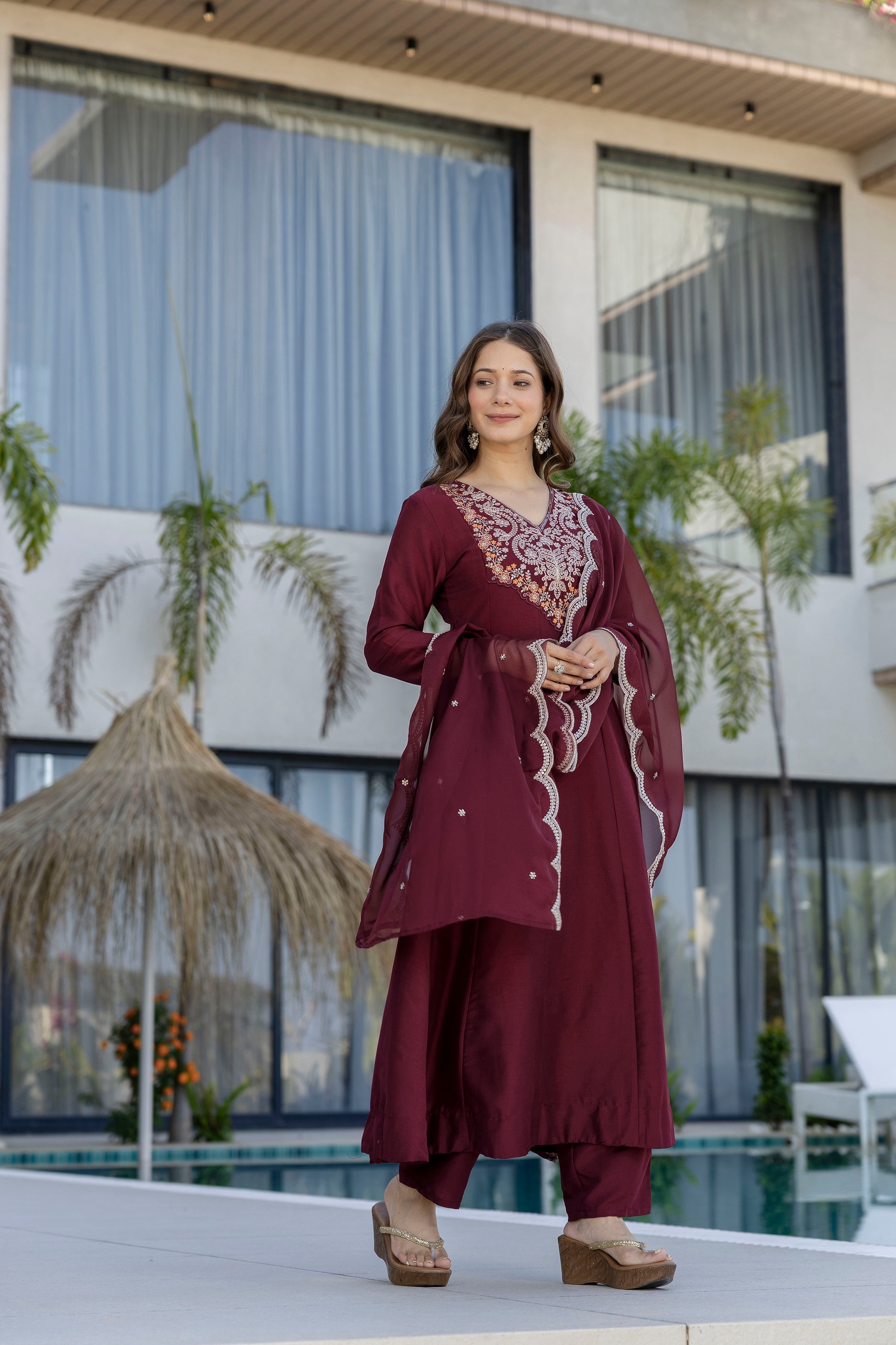 Maroon Chinnon Embroidered Kurta Set