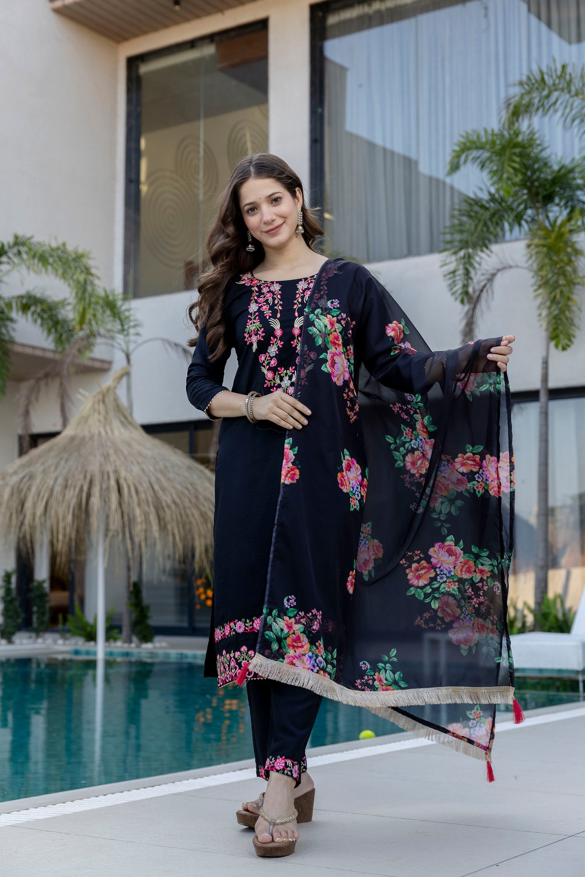 Black Embroidered Chinon Kurta Pant Set