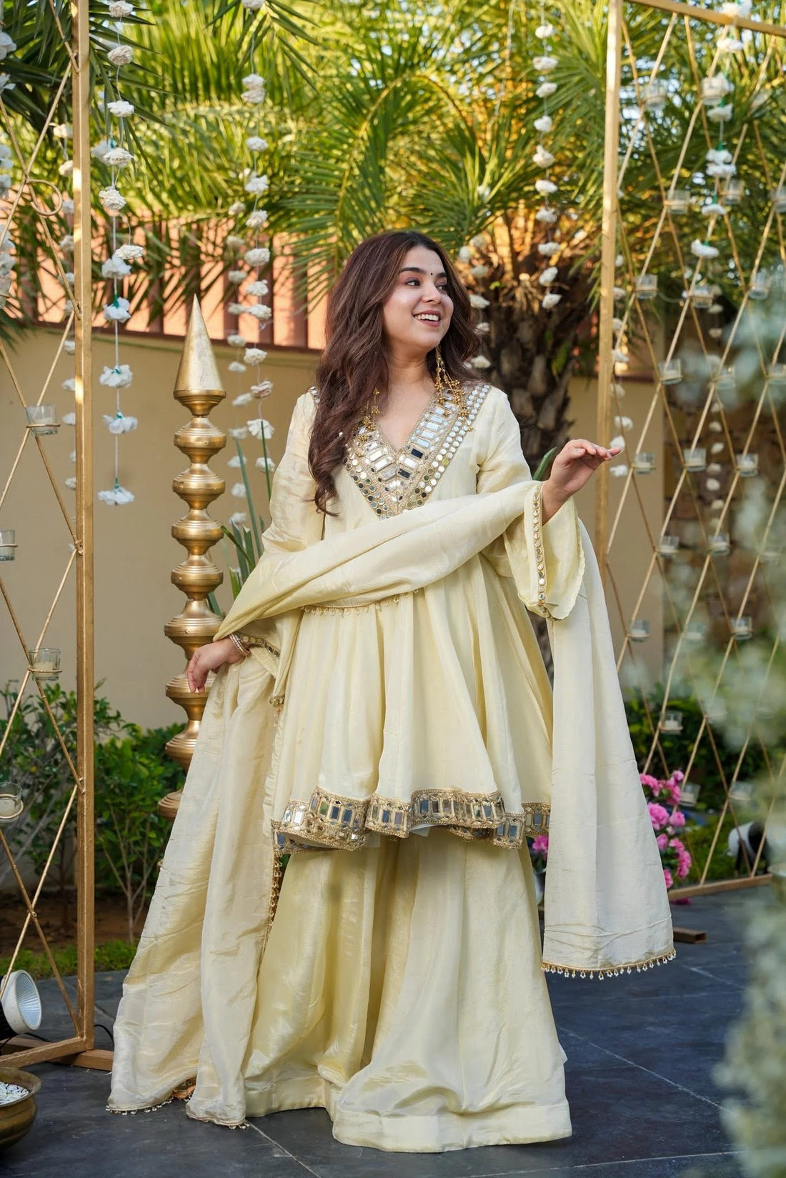 Ivory Mirror Work Star Georgette Sharara Suit Set