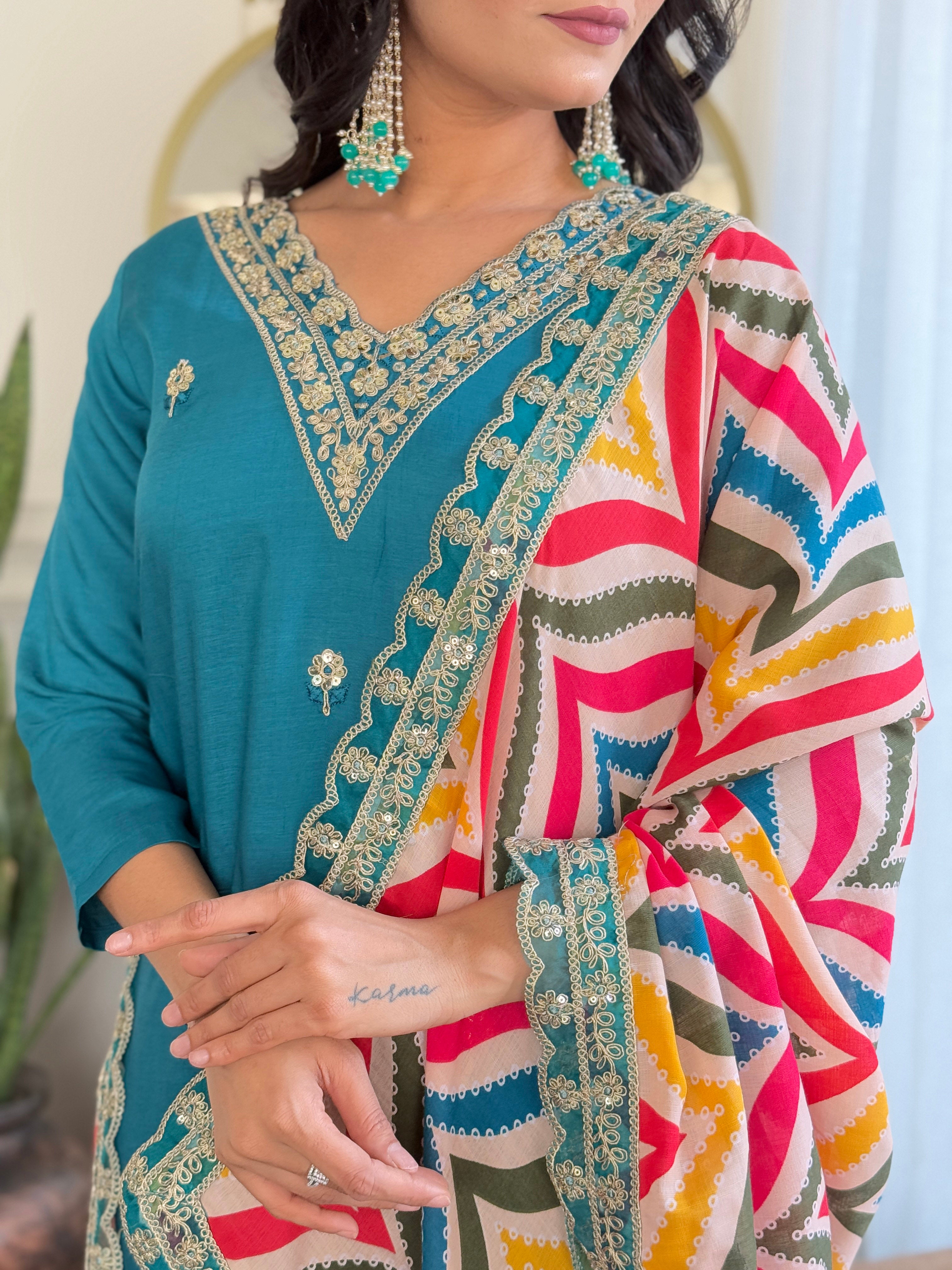 Teal Blue Embroidered Kurta Pant