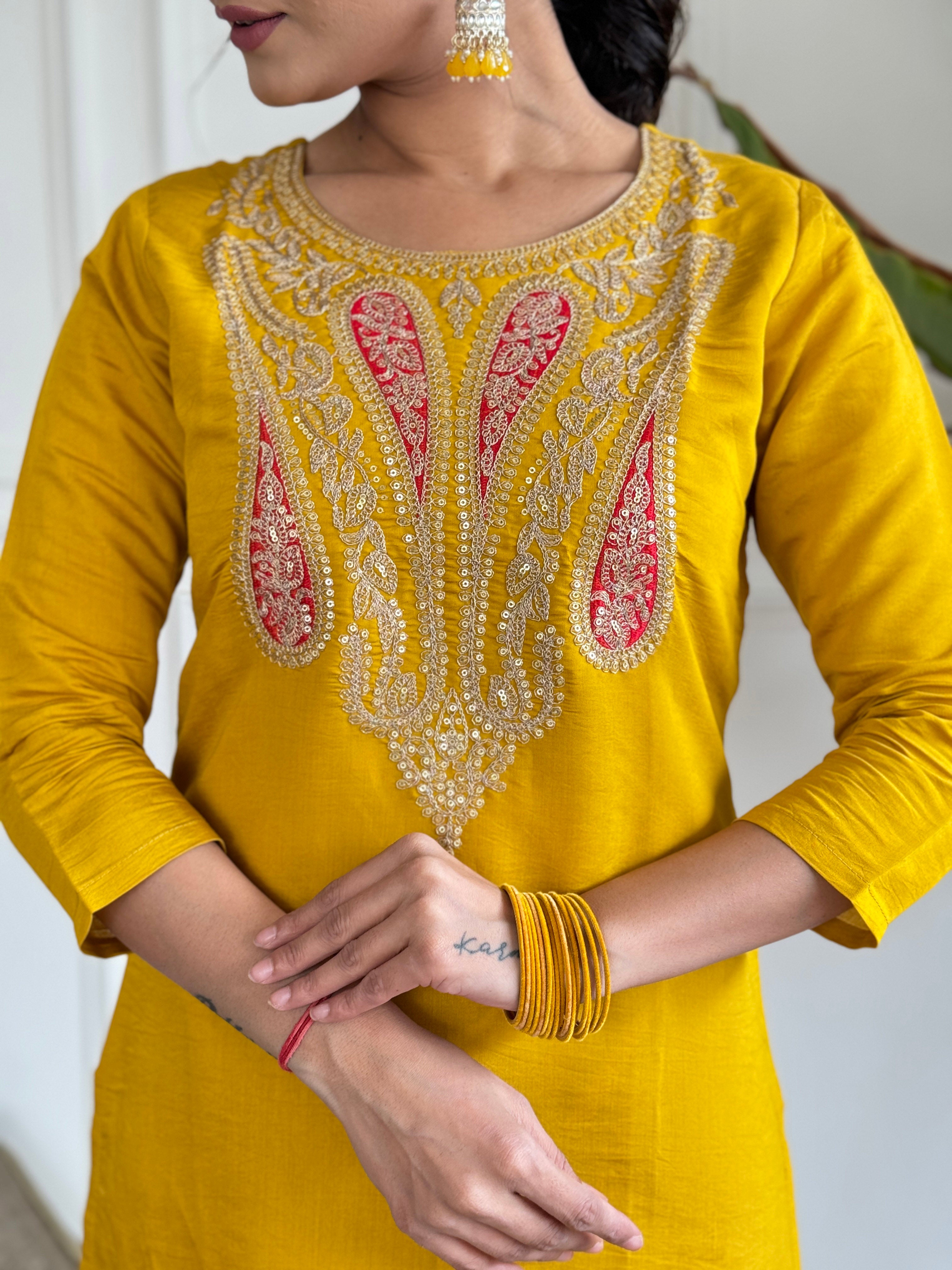 Mustard Yellow Embroidered Kurta Set